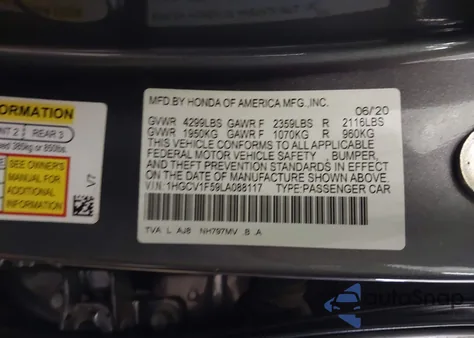 2020 Honda Accord Ex-L z USA, uszkodzony, nr VIN 1HGCV1F59LA088117